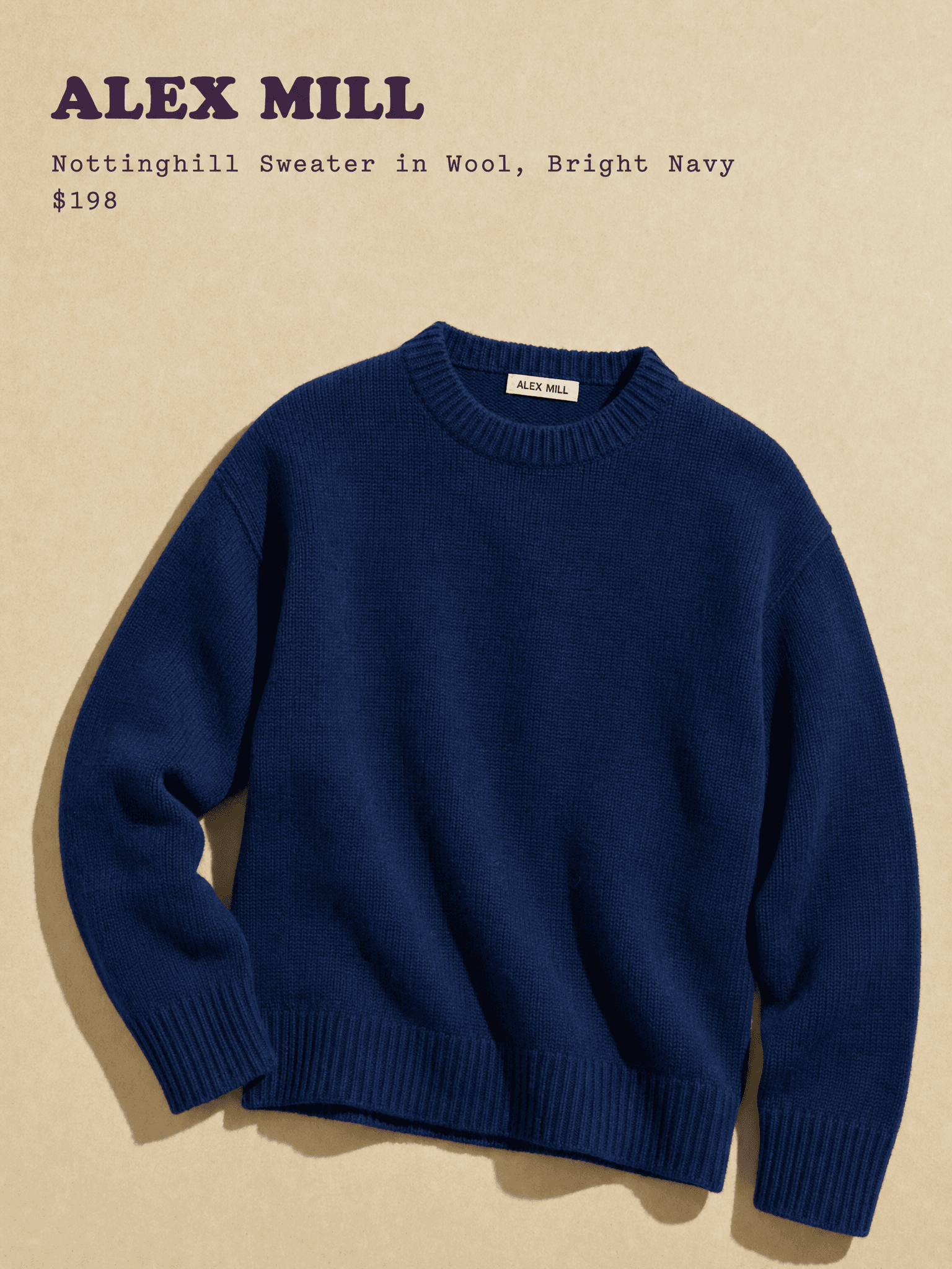 Alex Mill Nottinghill Sweater in Wool, Bright Navy, $198