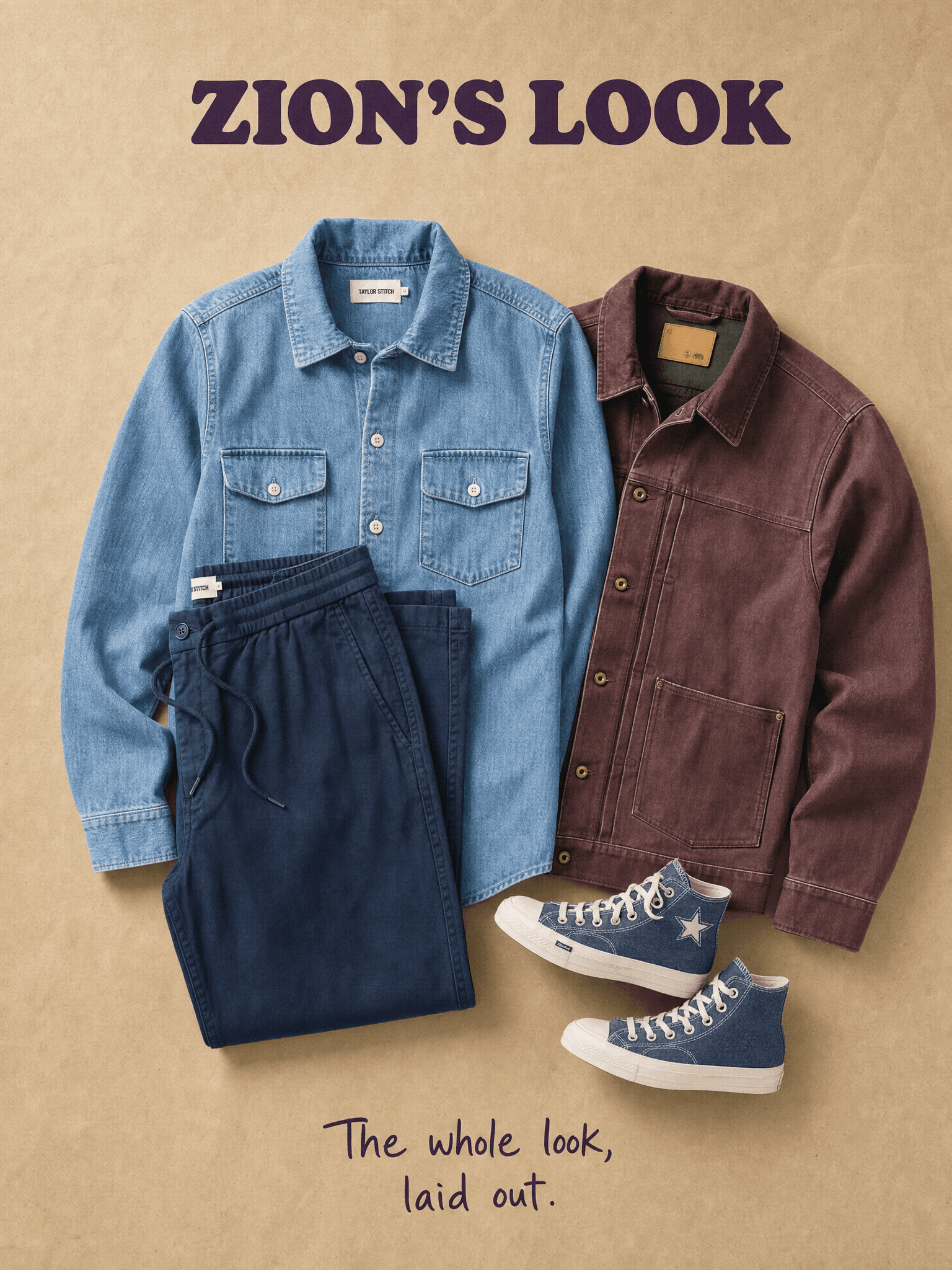 The complete Zion look laid out flat, all four pieces