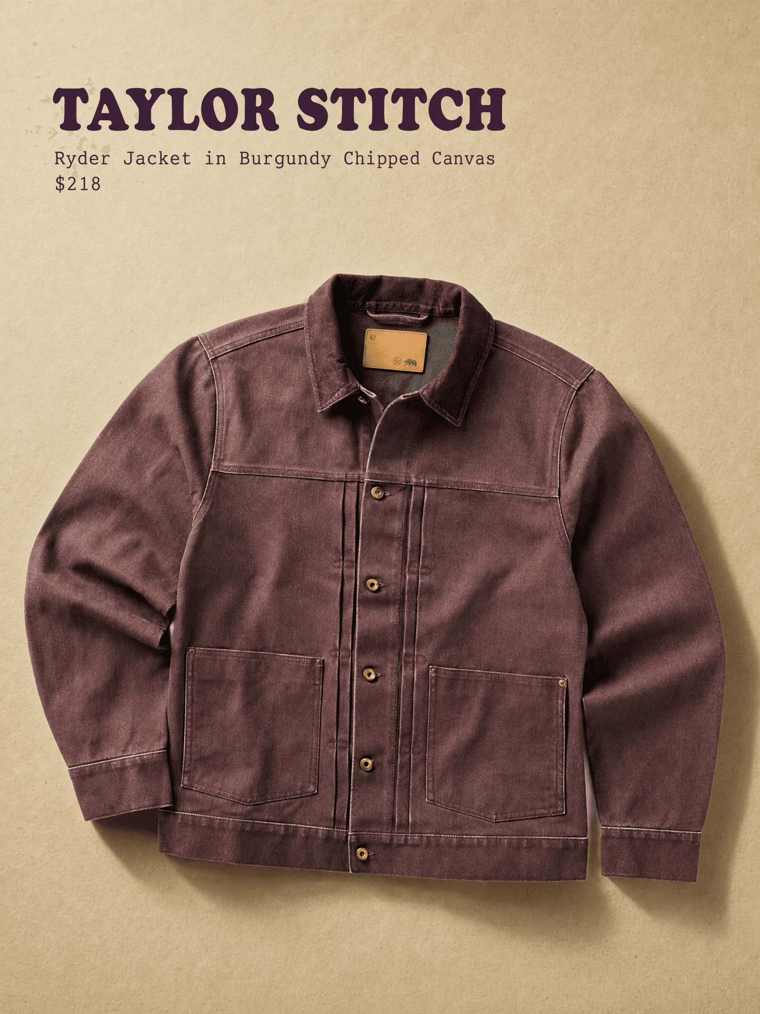 Taylor Stitch Ryder Jacket in Burgundy Chipped Canvas, $218